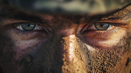 Gritty, determined eyes of a soldier covered in dust, Determined soldier, Focus and resilience