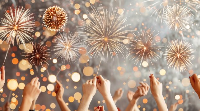 Celebratory fireworks lighting up the night sky as a group of people hold sparklers, creating a festive and joyful atmosphere.