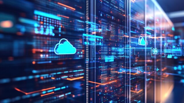 A cloud computing interface showcasing virtual servers, cloud storage, and real-time data analytics, optimizing IT infrastructure for cloud-based solutions.
