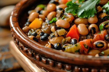 Photograph, close up of traditional african dish with black-eyed peas, tomatoes, herbs in ceramic bowl rustic table background
