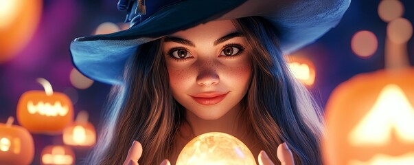 Fototapeta premium Stylish witch with long flowing hair, holding a crystal ball, surrounded by floating Halloween candles