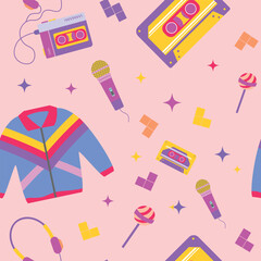 90s retro seamless pattern light pink. Cute trendy bright multicolor elements. Vector illustration.