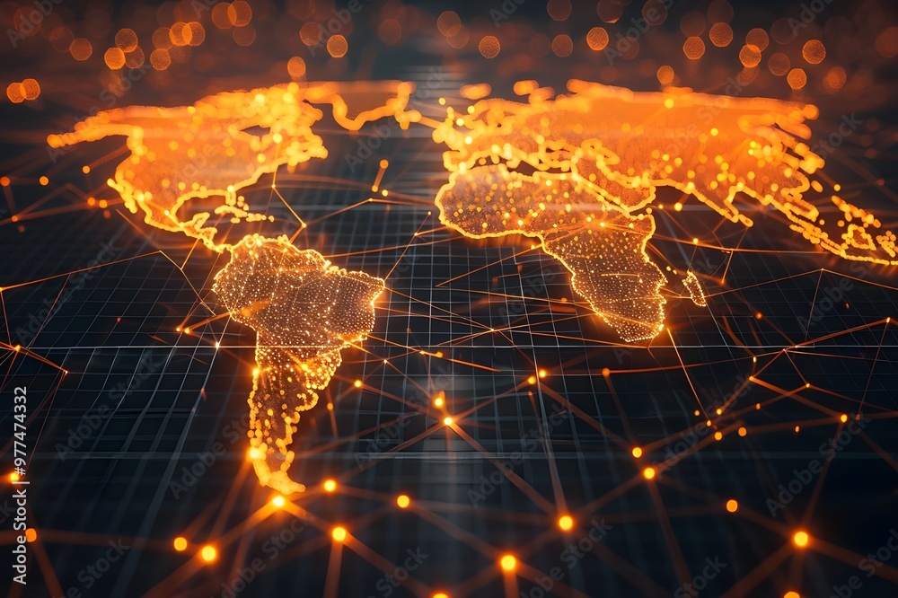 Poster Digital world map with glowing dots and lines. 3D Rendering - Generated AI