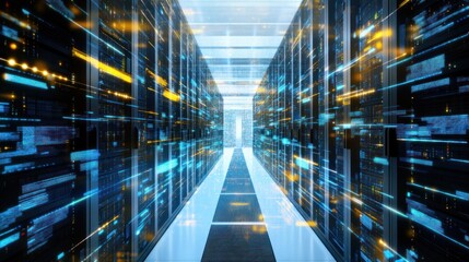 Fototapeta premium A corporate IT environment showcasing enterprise-level data management, with real-time analytics, secure backups, and optimized data storage solutions.