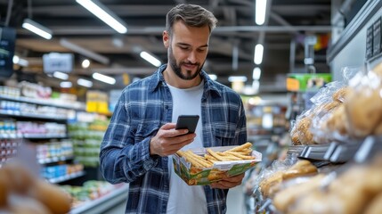 A man wearing a blue plaid shirt is happily browsing a variety of packaged snacks in a grocery store while using his smartphone to compare products or prices.