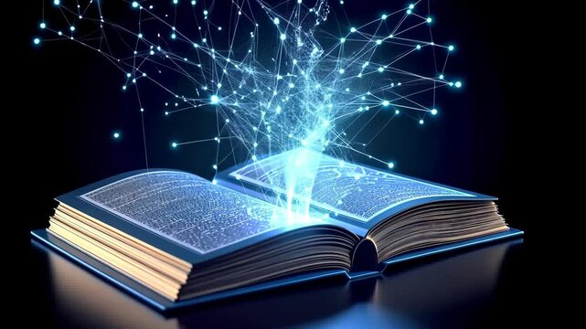 book with blue digital rays, particles and glowing on black background, Global world online education, study, science and future technology,