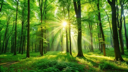 Obraz premium Sunlight filtering through lush green trees in a serene forest setting