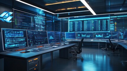 A corporate network management room with multiple monitors showing real-time data flow and network health metrics.