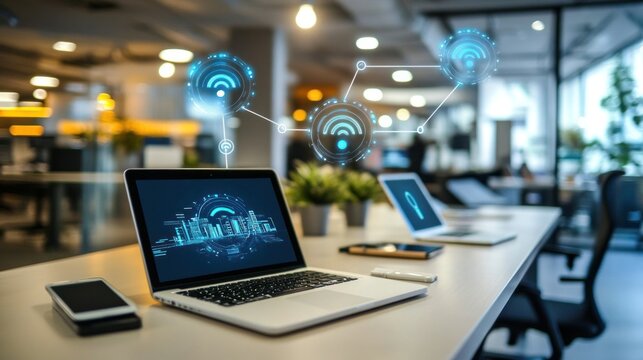 A corporate office using wireless connectivity solutions, with laptops, smartphones, and tablets connected to a secure network.