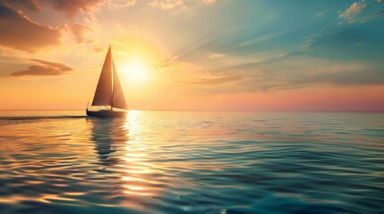 Fototapeta premium sailboat gliding across calm ocean waters, with the sun setting in the background
