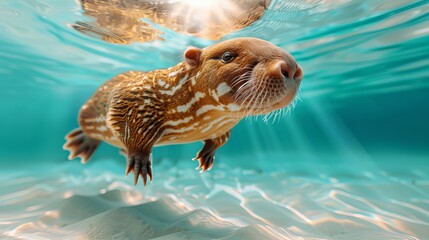 Close-up of a cute capybara swimming underwater with sunlight filtering through the surface, showcasing its playful and serene nature.