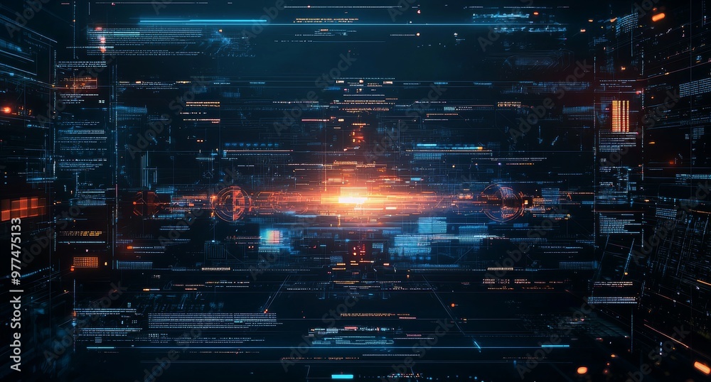 Poster An example of a blockchain network concept with distributed registers, the block chain text and the computer connection with a colored background.