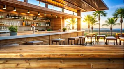 Fototapeta premium Desk with empty space surrounded by summer bar background