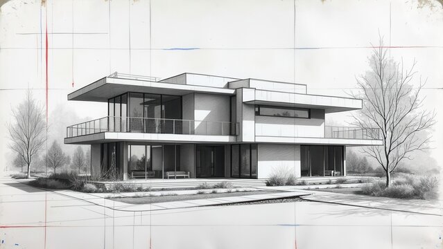 A detailed architectural design sketch displays a contemporary two-story house featuring large windows, a terrace, and a minimalistic garden. The design emphasizes clean lines and open spaces, set aga