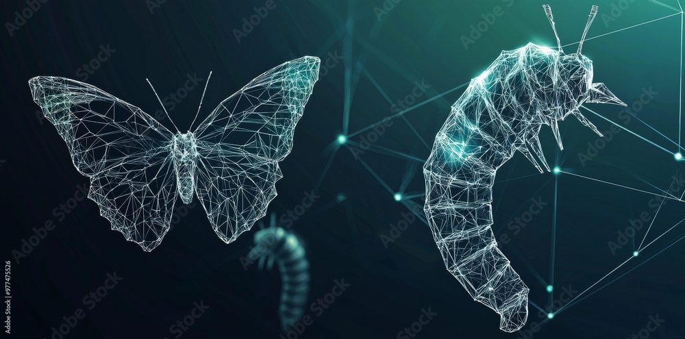 Aufkleber Business transformation innovation background. Change from low tech to high tech like butterfly life cycle to imply with success future business growth concepts.