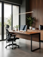 Fototapeta premium A sleek and modern minimalist office space featuring an ergonomic chair, large wooden desk, computer setup, and ample natural light from the floor-to-ceiling window.