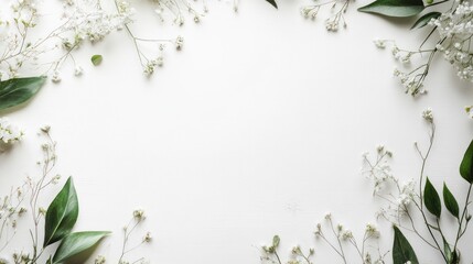 A delicate botanical wedding frame with soft green leaves and wildflowers wrapping around the page, creating a natural, elegant look on a white background.