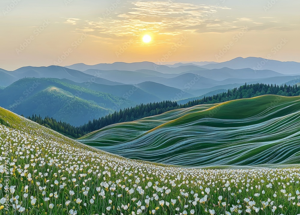 Wall mural Mountain valley sunset. Beautiful natural landscape in the summer