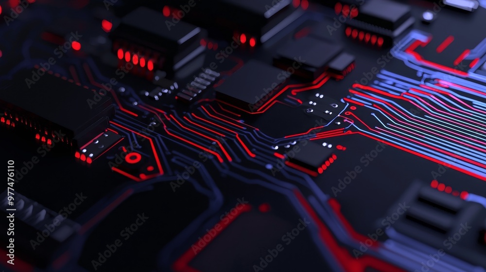 Aufkleber Display interface. Mirrored pattern in blue and red color. Digital integrated network technology. Circuit board. Neon. Computer graphics.