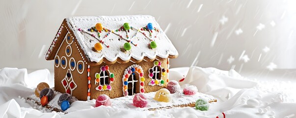 snow-covered gingerbread house with colorful candy decorations set on a white background.