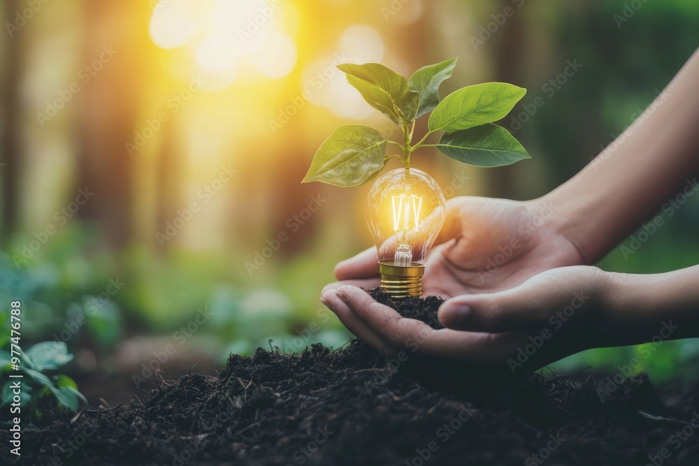 Aufkleber Concept of energy power in nature with a hand holding a lightbulb and a small tree.