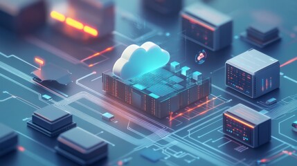 A digital illustration of a hybrid cloud system, showing interconnected on-premise data centers and public cloud platforms, optimized for enterprise IT.