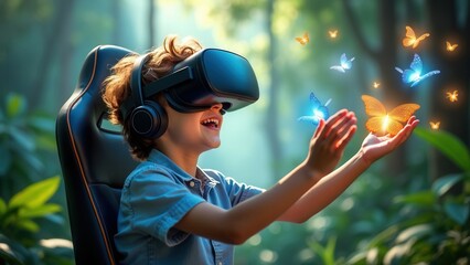 In this image, a child is immersed in using a virtual reality headset, sitting in a lush forest environment with hands reaching out towards glowing butterflies, merging technology and nature.