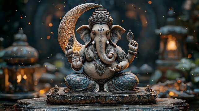 Create a 3D image of Ganesh sitting on a crescent moon, symbolizing the connection between the divine and the cosmos