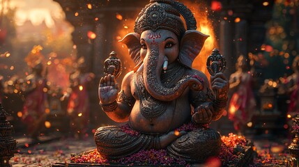 Obraz premium Design a 3D image of Ganesh at the center of a spiritual festival, with devotees dancing in celebration