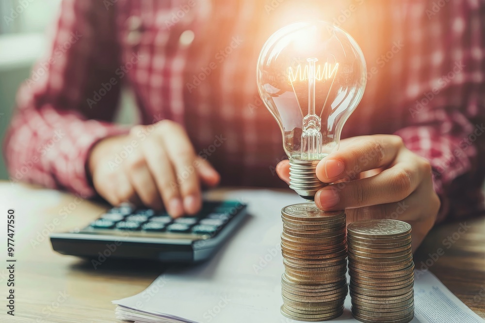 Poster Man holding lightbulb with smartphone and calculator for calculating and stacking money in morning light. Saving energy and accounting finance idea.