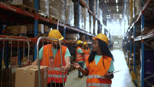 Multiracial warehouse workers discussing inventory management