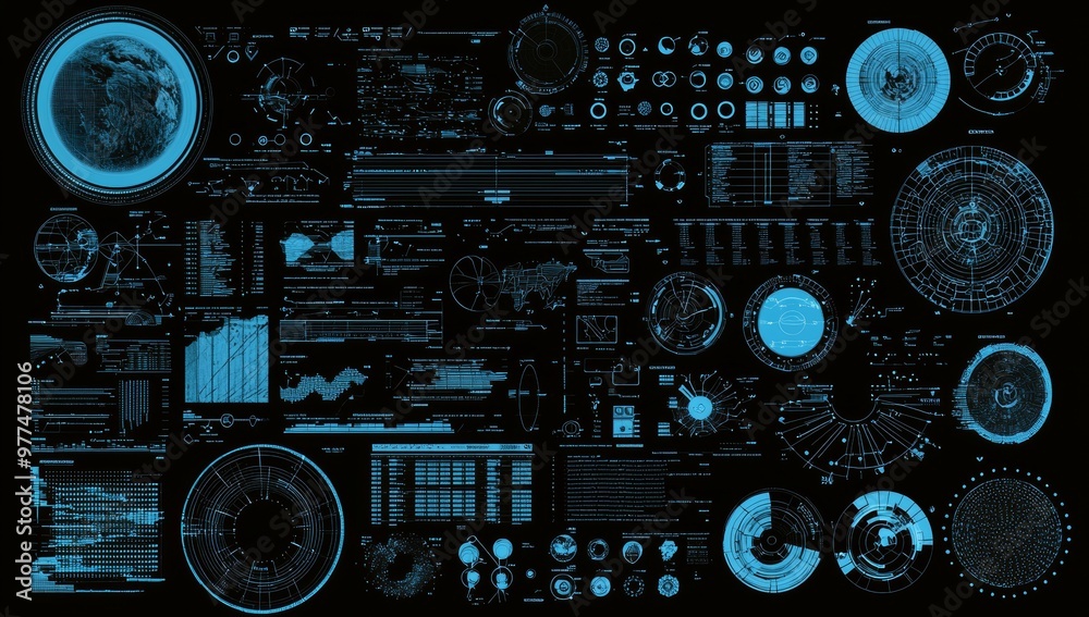 Poster hud futuristic blue interface, dashboard vr technology display screen, target
