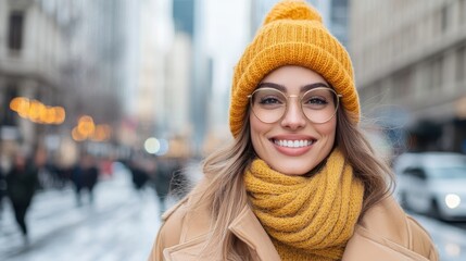 A woman dressed in a stylish yellow hat and scarf stands out against a snowy city backdrop. Her smile brightens the chilly atmosphere, offering warmth and charm.