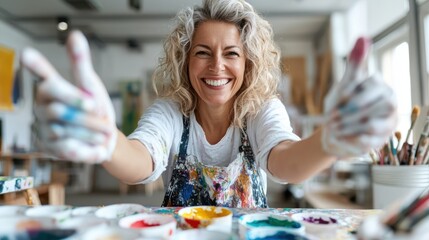 An enthusiastic artist with short curly hair and paint-covered hands shares a joyful smile in a colorful studio environment, embodying creativity and expression.