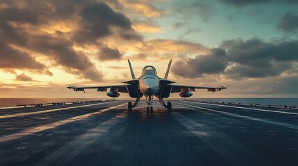 aircraft carrier at sea with a fighterjet standing about to takeoff