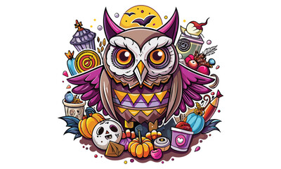 Fototapeta premium Halloween-Owl T-shirt Design, Unique hand-drawn vector illustration, Icon Concept isolated on white background, Ideal for t-shirt prints.