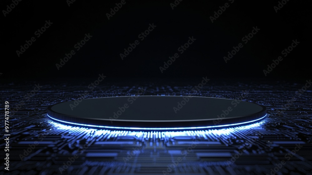 Poster 3D rendering of abstract technology product display background. Glowing sci-fi circle circuit hud with gradient blue computer circuit background.