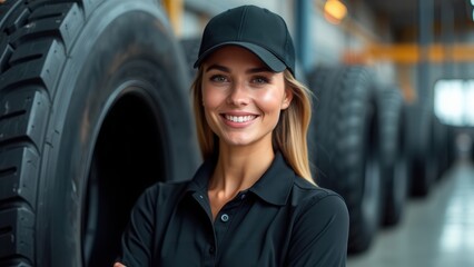 A cheerful employee in a tire warehouse, representing efficiency and dedication, offers insight into industrial work environments and the role of frontline workers in logistics.