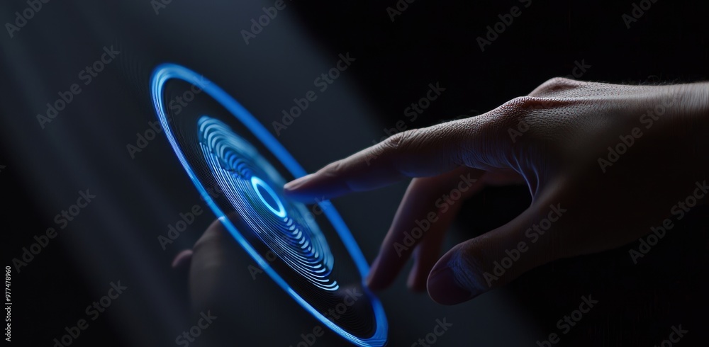 Poster the hand of a woman wearing a suit using a hud interface to control business internet technology.