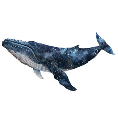 Watercolor illustration of a majestic whale with a starry night pattern on its skin, swimming gracefully