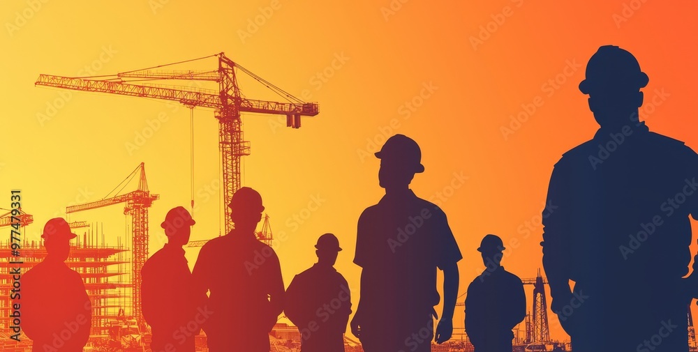Fototapete The silhouette of an engineer and construction team at work over a blurred background for a light-fair industry background was created by combining multiple reference images.