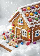 gingerbread house with colorful candy decorations set on a white background.