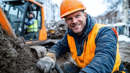 A construction worker wearing bright orange safety gear smiles confidently while handling a digging tool in a muddy setting, showcasing hard work and positivity in his role.