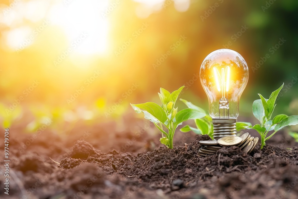 Aufkleber an energy-saving light bulb with coins and a tree on a sunny soil background