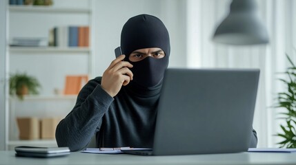 A masked individual is talking on a phone while using a laptop, possibly engaging in criminal activity