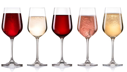 Fototapeta premium Collection set of red white rosé rose champagne wine glass goblet on transparent background cutout, PNG file. Mockup template for artwork graphic design