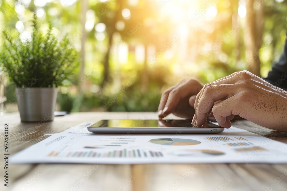Poster a businessman analyzes sales data on a tablet and laptop while observing a graph chart of economic g