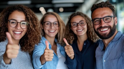 A joyful office team displaying enthusiasm and team spirit while giving a thumbs up, highlighting the positive work environment and cheerful interaction among employees.