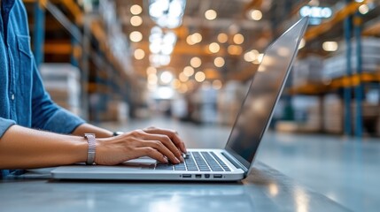 A person in a blue shirt is using a laptop in a well-organized and brightly lit warehouse with numerous shelves and a systematic arrangement, representing modern warehouse operations.