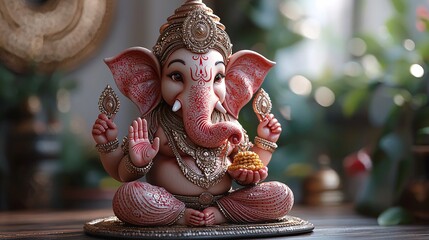 Render a 3D cartoon of Ganesh holding a traditional modak (sweet) in his hand, symbolizing...